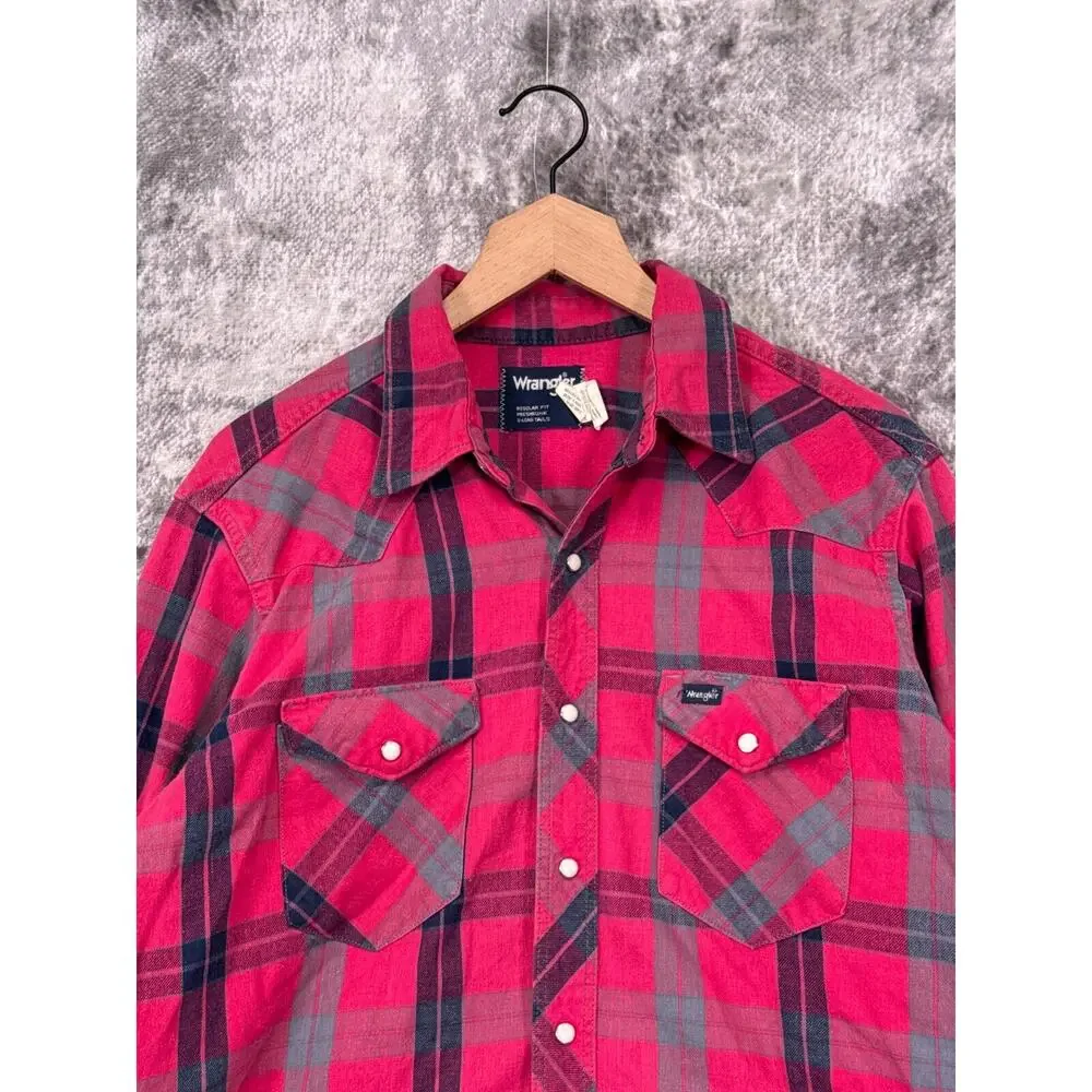 Vintage Wrangler Shirt 16.5 / XL Mens Brushpopper Pink Plaid Pearl Snap Made USA